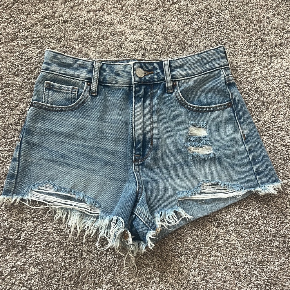 Pacsun Medium Indigo Ripped Zip Fly High Waisted Denim Festival Shorts Size 24